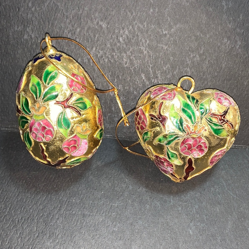 2 matching Cloisonné Enamel Christmas Ornament/ floral Egg and Heart